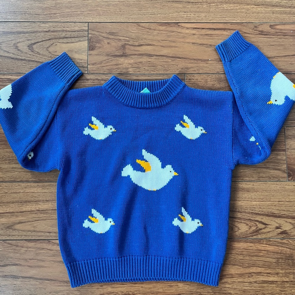 Amazing Blue Kids Knit Sweater with Bird Design. Made in Korea. Neutral gender